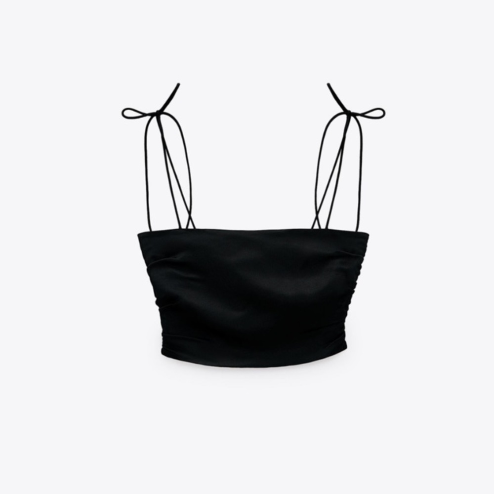 Zara Satin Effect Black Ruched Crop Tank Top